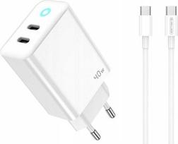 JELLICO sieninis įkroviklis EU19 GaN PD 40W 2xUSB-C + laidas USB-C - USB-C Baltas