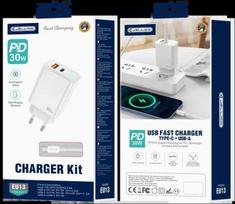 JELLICO sieninis įkroviklis EU13 GaN PD 30W 1xUSB-C + 1xUSB QC3.0 + laidas USB-C - USB-C Baltas