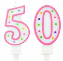 50-ojo gimtadienio torto žvakutė - rožinė su taškeliais