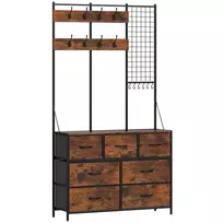 Drabužių kabykla, kabykla su medžiaginiais stalčiais, 14 kabliukų prieškambariui, miegamajam, kaimiškas rudas, aukštis 183 cm