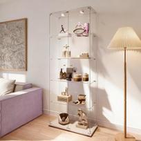 Stiklinė Vitrina 186,5x78,5x34,5 Cm, 5 Lentynos Su LED Lemputėmis, Nuotolinio Valdymo, Balta, Saugiam Stiklui, Namų Dekorui