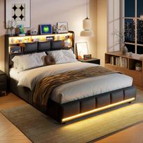 Lova 140×190 cm, su LED apšvietimu ir USB sąsaja, hidrauliniu pakėlimo mechanizmu, galvūgaliu su daiktadėže, juoda, PU