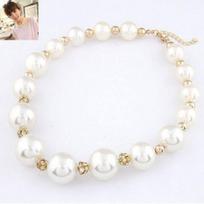 Women's Gorgeous Luxury Big Faux Pearl Rhinestone Bib Statement Chain Necklace KTJ white