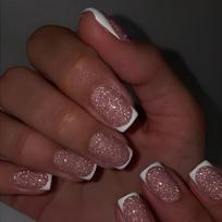 Press on Nails Glossy Medium Square Pink and White French Tip False Nails Glitter Artifical Reusable Fake Nails for Women brown