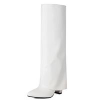 2026 Brand New Luxury Knee High Women's Fold Boots PU Leather Pointed Toe Long Boot Thick Soled Designer High-heeled Shoes 35