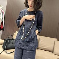 Cotton-Linen Embroidered Seven-Sleeve Top & Wide-Leg Pants Set for Women - Spring/Summer Fashion L rožinė