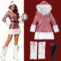 Striped Santa Costume Hooded Christmas Dress Sexy Skirt Costume Adult Cosplay M gray