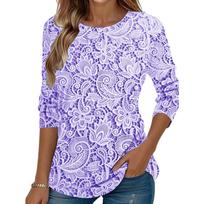 Women's  Fashionable Round Neck Long Sleeved Lace Patterned Printed Pullover T-shirt Top L mėlyna
