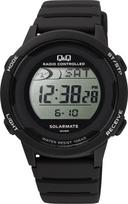 Digital Solar Watch Waterproof [Citizen Q&Q] Radio-Controlled (Black/Black) - Battery-Free, Lightweight, (Urethane Strap/Easy-to-Read Dial) - Men's & juoda