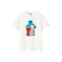 Uniqlo X Sezamo gatvė X Kaws bendradarbiavimo Elmo ir Sausainių monstro spaudinio kasdieniai trumparankoviai marškinėliai Unisex viršutiniai drabužiai Balti UQ412756000 S blue