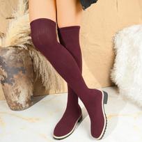 Fall/Winter New Over-the-Knee Boots Women's Round Toe Sleeve Knit Breathable Block Heel Platform Stretch Skinny Boots 43 vyno raudonos spalvos