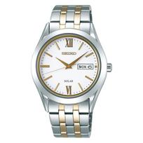 SEIKO SELECTION SBPX085 vyriškas laikrodis pagamintas Japonijoje, maitinamas saulės energija, safyro stiklas, datos ir savaitės rodiklis, sidabrinė ir geltono aukso spalvos, baltas ciferblatas, nerūdijantis plienas white