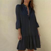 Women's Stand Up Collar Half Open Button Shirt, Ruffle Hem, Color Casual Dress XL juoda