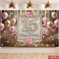 2D Sweet 15 Photo Backdrop with Diamond Number 15, Pink Gold Balloons and Flowers 47.2x31.5inch/120*80cm gray