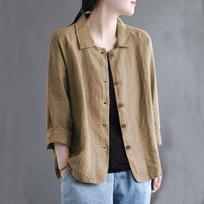 Women's Sun Protection Clothes Solid Casual Turn Down Collar Blouse Long Sleeve Cotton and Linen Shirts M chaki