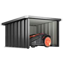Robotinės vejapjovės garažas Plienas 108 x 86 x 62,5 cm Vejos roboto garažas su vienšlaičiu stogu Apsauginis kraštas Cinkuotas plienas 108 x 86 x 62.5 cm tamsiai pilka spalva