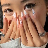 24PCS Simple Red White Polka Dots French Stick on False Nails Sweet Lace Almond Fake Nails for Girls Women Fashionable Manicure black