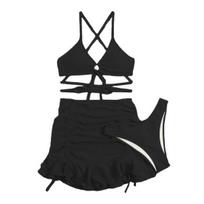 3Pcs/Set Women Swimsuit Solid Color Wave Texture Sexy Split Bikini with Drawstring Ruffle S