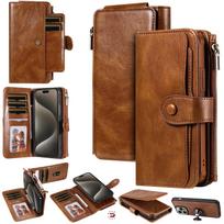 Luxury Detachable Retro Leather Case for iPhone 16 15 14 Pro Max 7 8 XR Xs Max 11 12 13 Mini 14 Plus Cover Zipper Wallet Purse for iPhone 16 Plus ruda