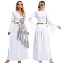 Women Roman Toga Dress V Neck Flare Sleeve Metallic Shiny Gold Trim Design Greek Robe Halloween Costume S sidabras