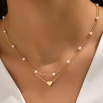 LATS Simple Pearl Choker Necklaces for Women Fashion Double Layer Chain Small Love Heart Pendant Necklace Jewelry Gift