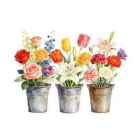 Flower Pot Wall Decals, Colorful Watercolor Rose Lily Tulip in Metal Bucket Stickers, Removable Self-Adhesive PVC Wall Art for Living Room Study A beige