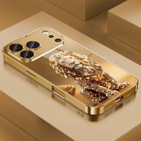 Kristalinis Auksinio Liūto Raštas Auksinės Metalinės Dažytos Stiklinės Telefonų Dėklai iPhone 17 11 12 13 14 15 16 Pro Max 15 Plus 17Air 16E Dangtelis iPhone 13 Pro beige
