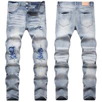 Cross Border Style PU Brand High Street Style Splashed Paint Embroidery Torn Hole Patch Slim Fit Small Leg Jeans 31
