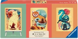 Ravensburger Dėlionė 3x100 dalių: Ukiyo-E katė kovotoja, raudonoji panda ir drakonas su molbertu