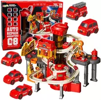 Lean Toys Interaktyvus automobilių garažas su trasa ir keltuvu, raudonas, 52 × 36 × 46 cm, su 8 automobiliais