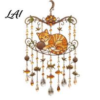 Outdoor Courtyard Ornament Cat Wind Chime Suncatcher Acrylic Hanging Decor with Rainbow Prism Drops Colorful Weatherproof Window Patio Garden 20cm C brown