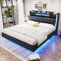 Apmušalas lovos 140*200 su LED apšvietimu ir USB lizdu, galvūgalis su laikymo vieta, plaukiojanti lova, jaunimo lova, suaugusiųjų lova, lininis audinys, pilka 222 x 145.5 x 111 cm pilka