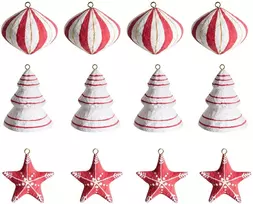 Beliani 12 vnt. kalėdinių eglutės papuošalų rinkinys GIDEALVEN Papier-mâché raudona/balta