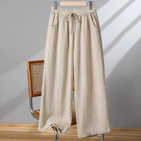 Cotton and linen wide-leg pants women's spring, autumn and summer high-waist plus size linen cropped pants drawstring straight thin casual pants M abrikosas