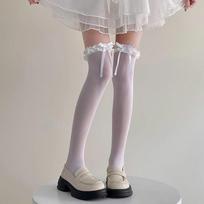 Women Sexy Lace Thigh High Socks Girls Sweet Cute Socks Japanese Lolita Jk Knee High Long Socks Black White Bow Ribbon Stockings One Size black