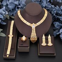 24K Gold Bride Jewelry Set: Necklace, Bracelet, Earrings, Ring - Four Pieces beige