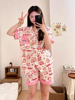 Full of ins Wind Star Kirby Pajamas Women's Summer Short Sleeve Shorts Cardigan Two-piece Girls Casual Homewear S beige