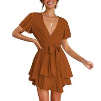 Women's Fashion Casual Color Short Sleeve V-Neck Loose Waist Ruffle Dress L ruda