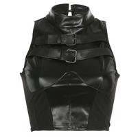 Cyberpunk stiliaus PU odos liemenė su metaline sagtimi moterims 2025 m. vasaros naujiena, tamsi, slim fit, trumpas viršutinis drabužis Black S black