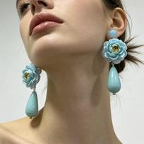 Blue Water Droplet Begonia Flower Unique and Beautiful Golden Stamen Peony Flower Smudged Earrings 3cm*4cm beige