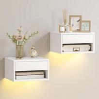 2 sieninių naktinių staliukų rinkinys su RGB LED apšvietimu, valdomas programėle, lentyna, stalčius, 37x32x21cm, baltas 37 x 32 x 21 cm