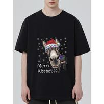 Kalėdiniai marškinėliai Juodas Asilas su Kalėdų Senelio Kepure ir Užrašu Merry Kissmyass Šventinės Partijos Apranga M juoda
