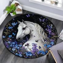 White Horse Round Area Rug,Carpet Rug for Living Room Bedroom Sofa Playroom Decor,Non-slip Floor Mat 80cmx80cm