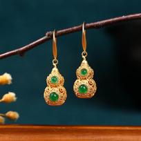 24K Gold-Plated Dynasty Style Gourd Chalcedony Earrings: Retro Design with Fortune Symbolism Gold-Plated black