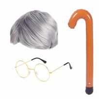Gray Wig Old Man Costume Inflatable Walking Stick Old Man Cosplay Kits  for Teens Kids Set A