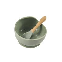 Silicone Bib & Tableware Set: Snail Bowl, Wooden Handle Spoon & Fork - Child Safe 3-Piece Feeding Kit gray