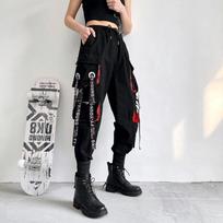 Moteriškos „Cargo“ kelnės „Haremas“ kelnės Madingos „Punk“ kišenės „Jogger“ kelnės su grandine „Harajuku“ tamprės, aukšto juosmens gatvės drabužiai S juoda