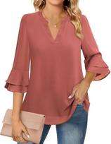 Women's V Neck Double Layer Flare 3/4 Sleeve Chiffon Blouse Solid Loose Casual Tunic Top S arbūzo raudonos spalvos