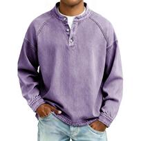 Men Solid Color Casual Loose Long Sleeve Vintage Button Shirt S