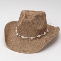 Unisex Glitter Hollow Woven Straw Cowboy Hat With Irregular Pearl Bead Band 58-59cm chaki